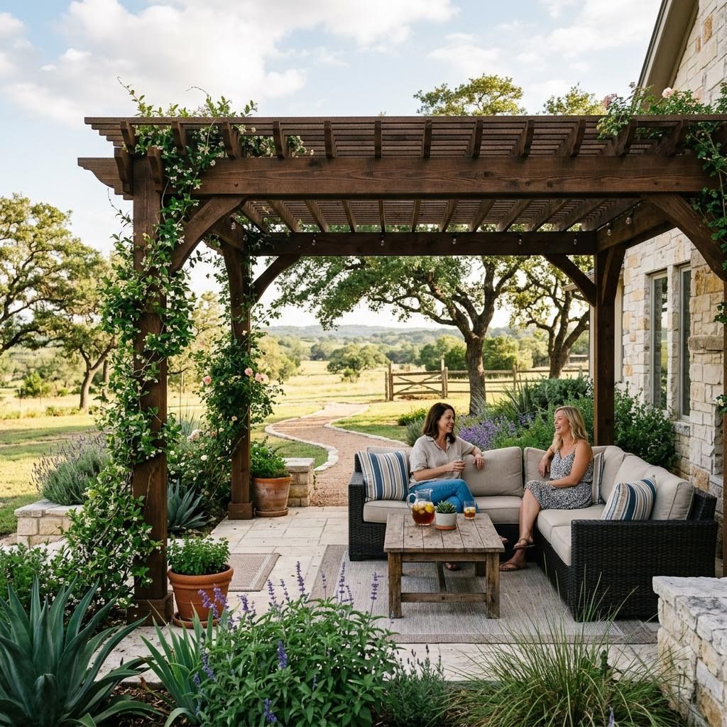 an outdoor sitting area with a pergola at a house in Gillespie County