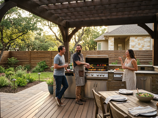 Friends enjoying an outdoor BBQ on a deck