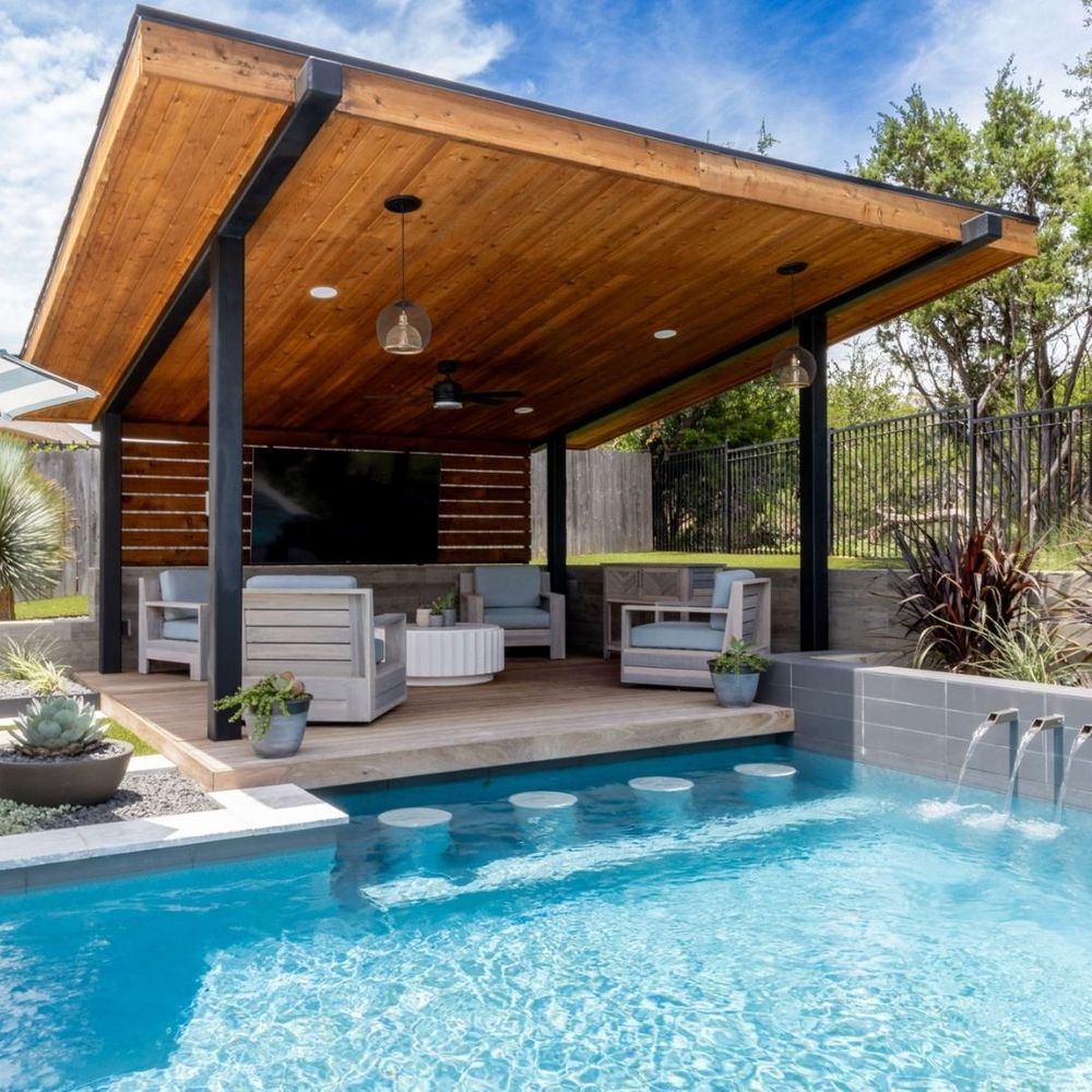 custom patio cover overlooking a pool