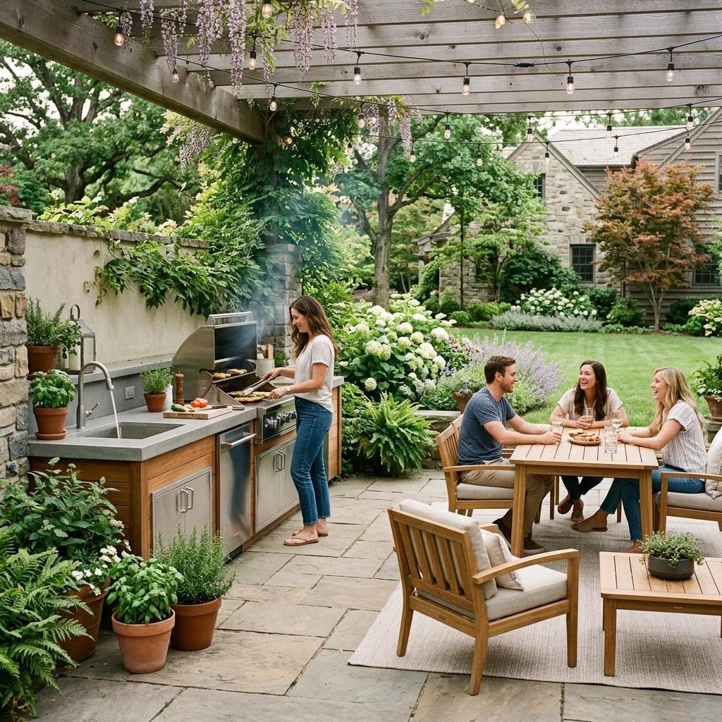 an outdoor living area with an outdoor kitchen