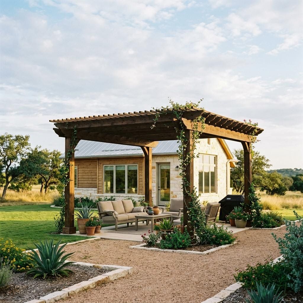 a house in Blanco County with a custom pergola