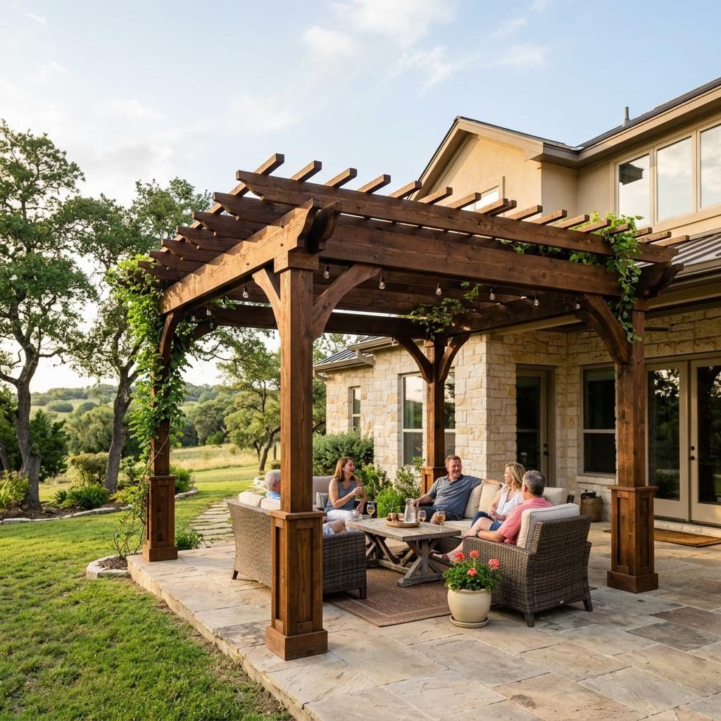 a house in Kendall County with a custom pergola in the backyard