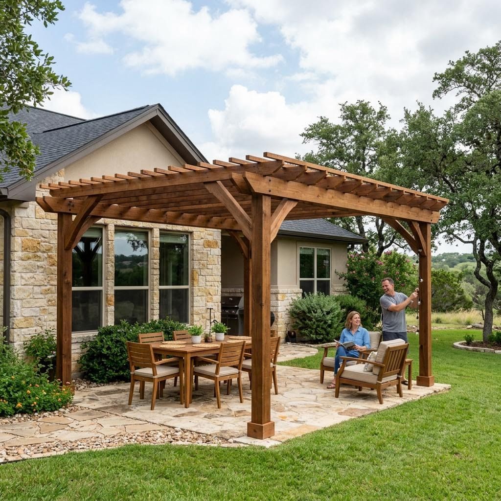 a home in comal county with a new pergola in the backyard