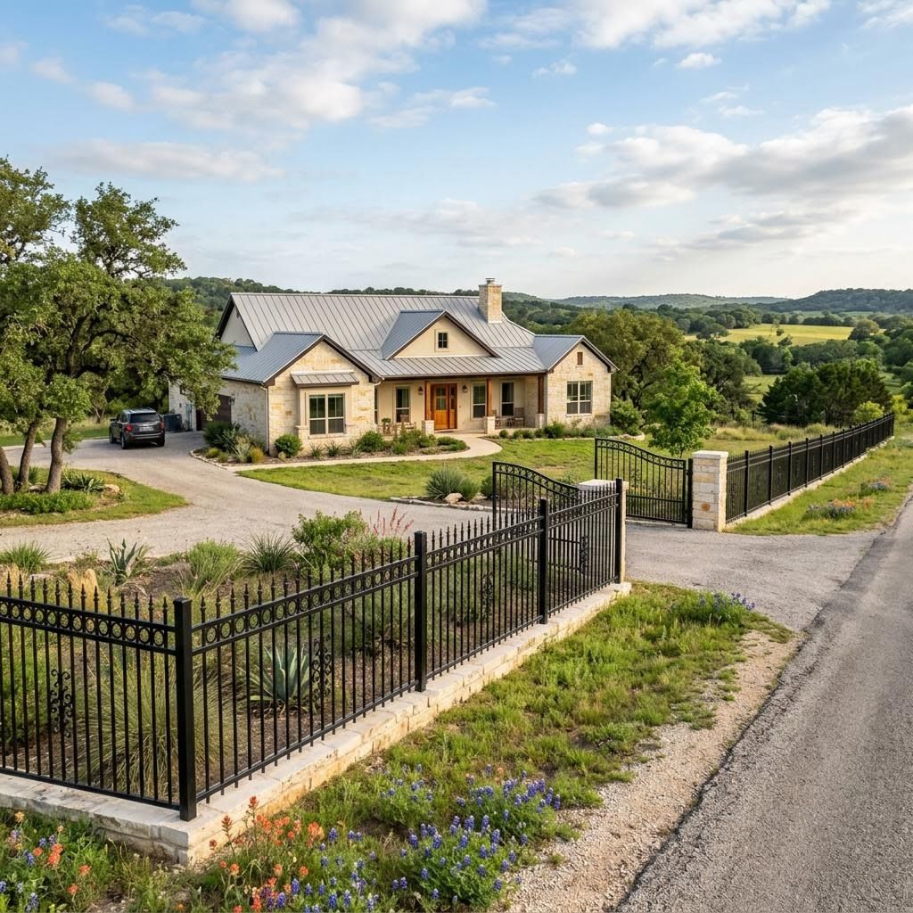 a house in Blanco County with a new wrought iron fence