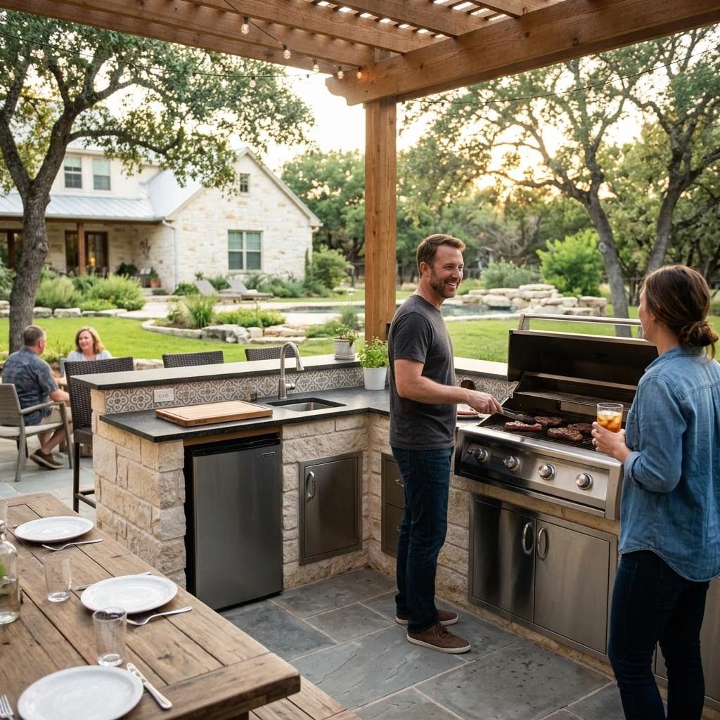 new outdoor kitchen in the backyard of a house in Comal County