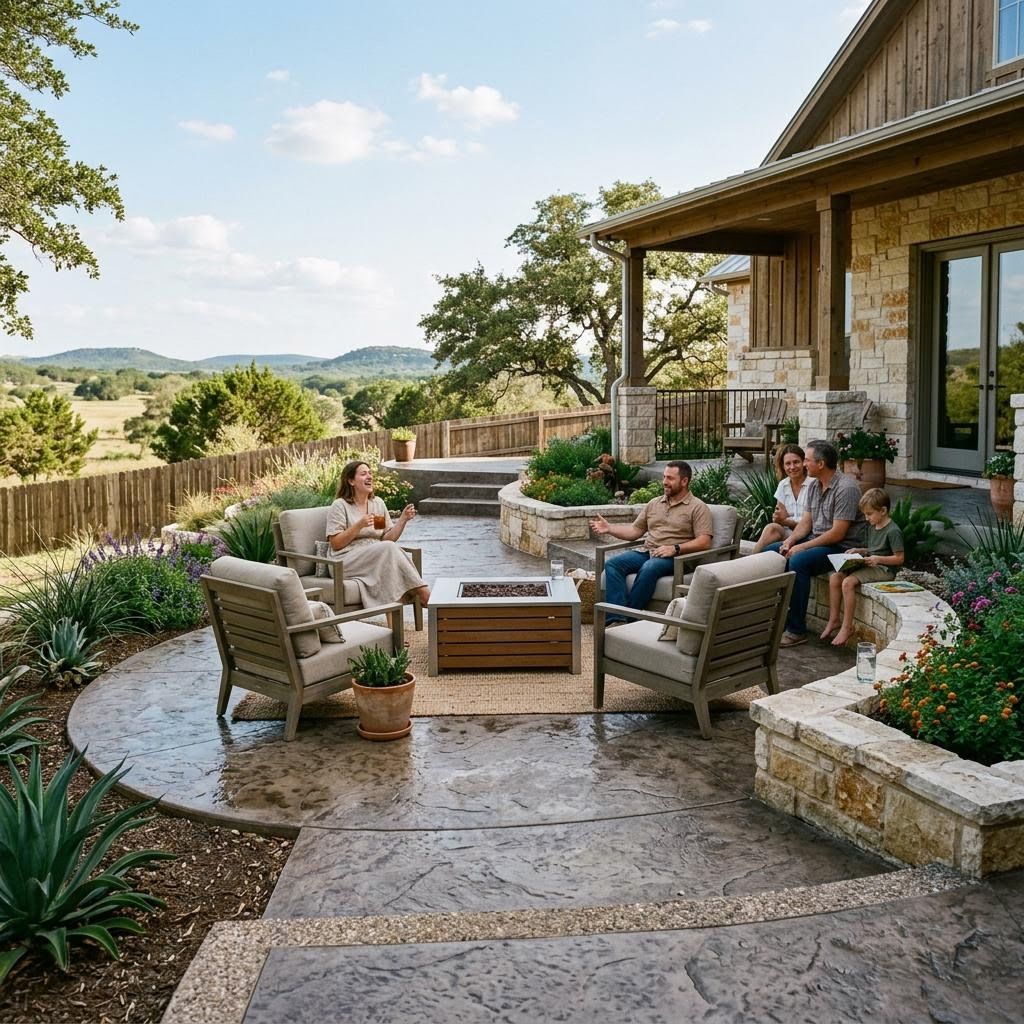 a custom concrete patio in the backyard of a house in Blanco County