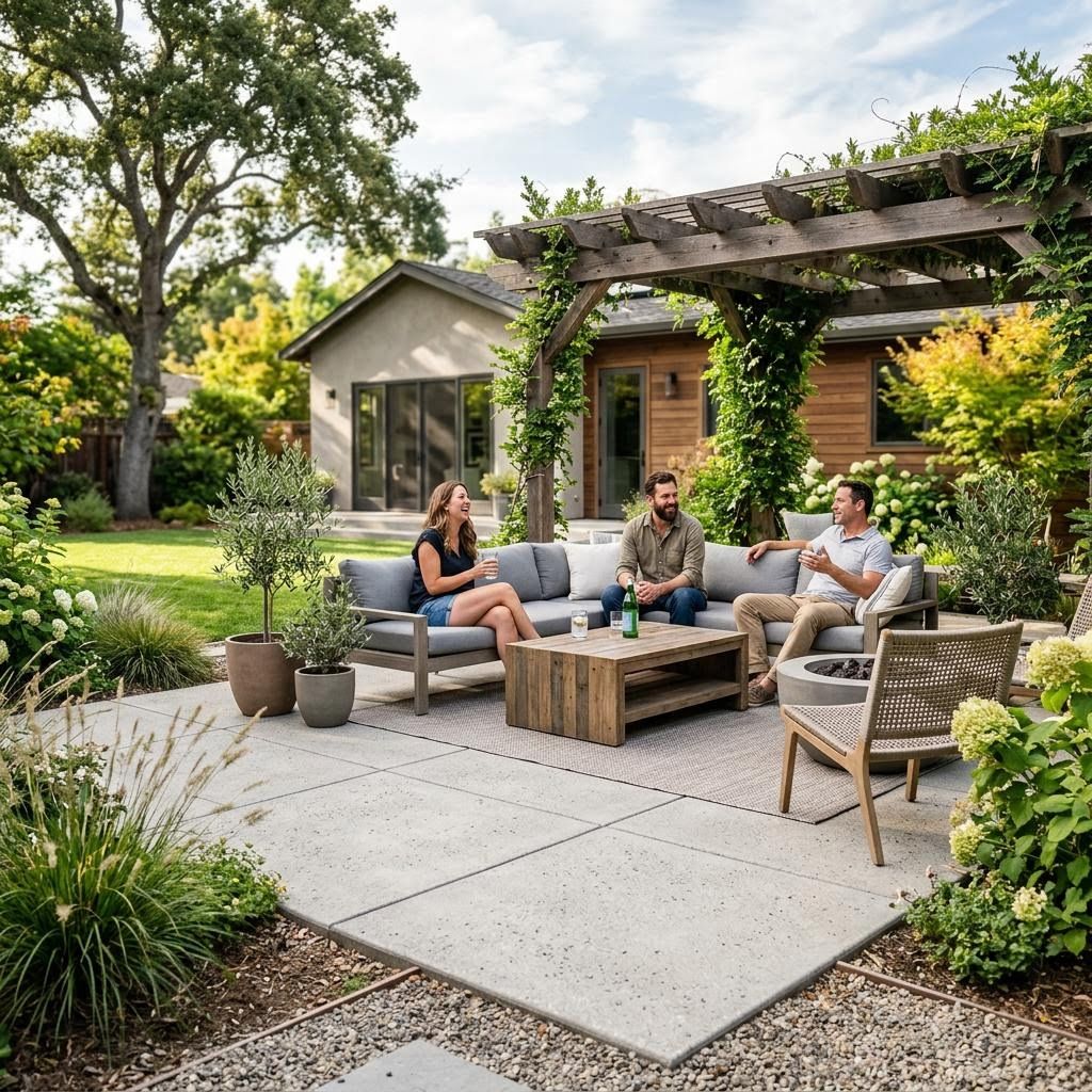 outdoor living area with a custom concrete patio