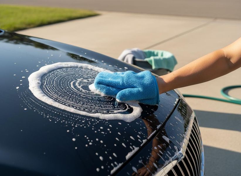 Close-up of a hand in a blue wash mitt scrubbing suds on the black hood of a car. A wash bucket and green hose are in the background. Hand Washing a Black Car