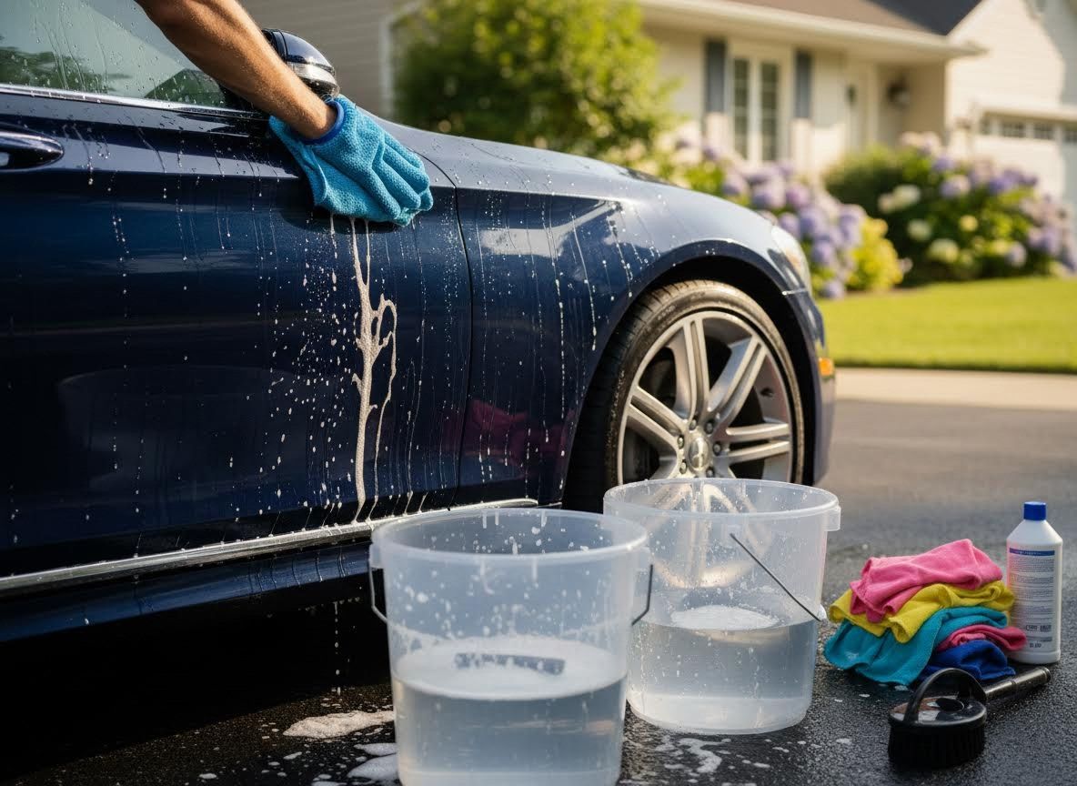 Man washing a blue car with soap in a driveway