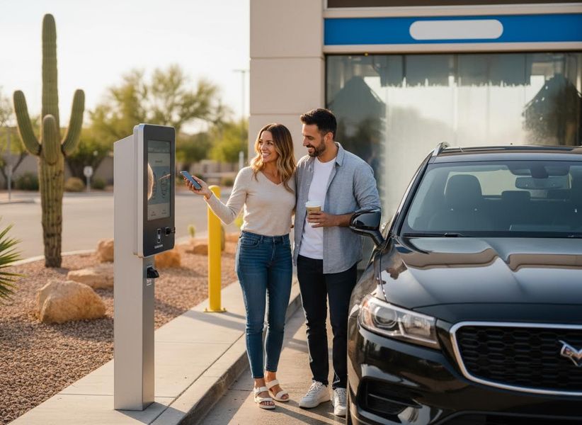 A couple smiles as the woman makes a contactless payment with her phone at a car wash terminal. Their black SUV is parked alongside, with cacti in the background. Couple making contactless payment at car wash