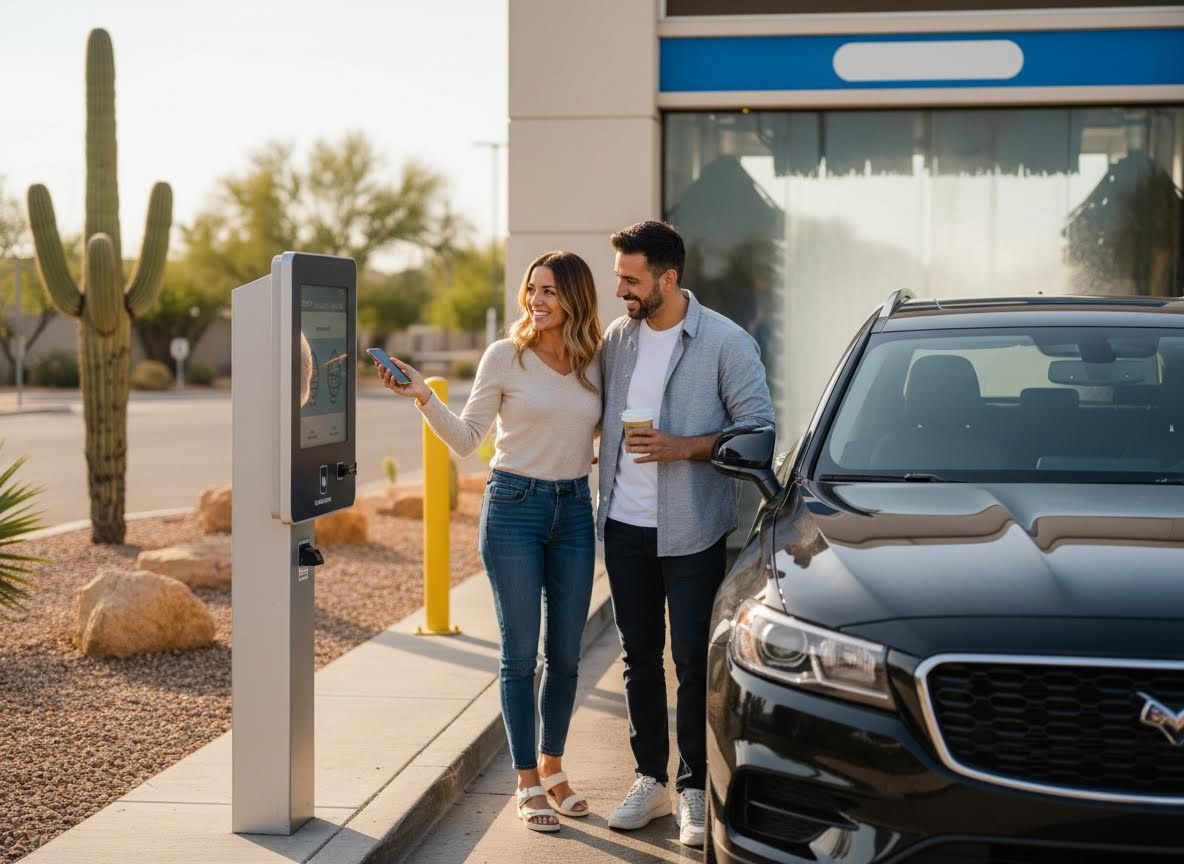 Couple making contactless payment at car wash