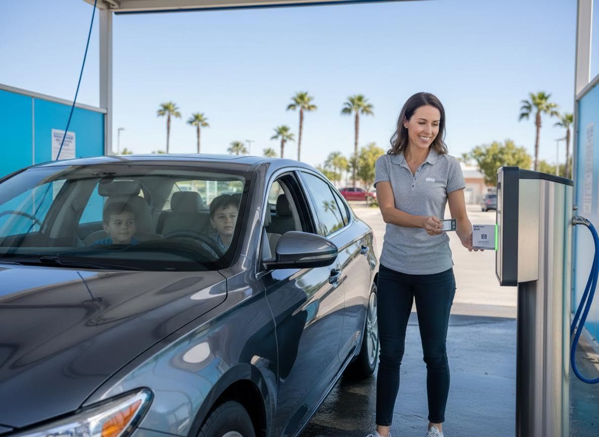 Woman scanning card at car wash terminal with children in car
