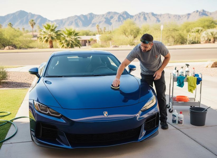 A man polishes a shiny blue sports car with a sponge on its hood. Car care products are on a cart beside him, set against a desert mountain backdrop. Man Detailing Blue Sports Car in Sunny Driveway
