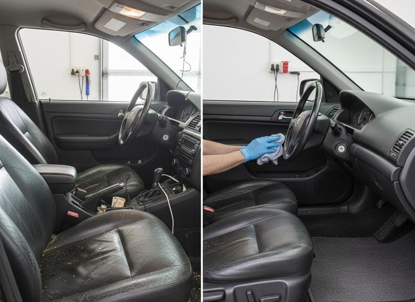 Split image showing a dirty car interior on the left, with debris on black leather seats, and a clean interior on the right. Car Interior Before and After Cleaning