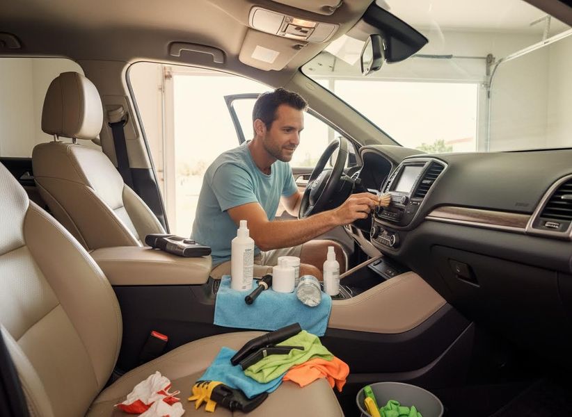 A man in a blue t-shirt meticulously cleans the dashboard and console of a beige car interior with a small brush, surrounded by various cleaning products. Man Detailing Car Interior