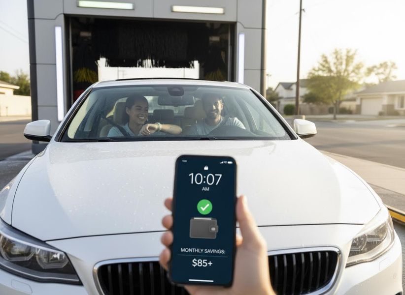 A couple smiles inside a white car entering an automatic car wash while a hand holds a phone showing an app with $85+ monthly savings. Couple in car at car wash with smartphone showing savings