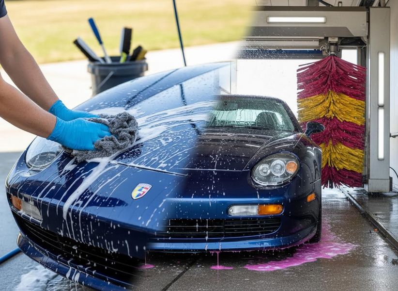 A blue sports car, half being hand-washed with suds, half going through an automatic car wash with brushes and pink soap. Manual vs. Automatic Car Washing