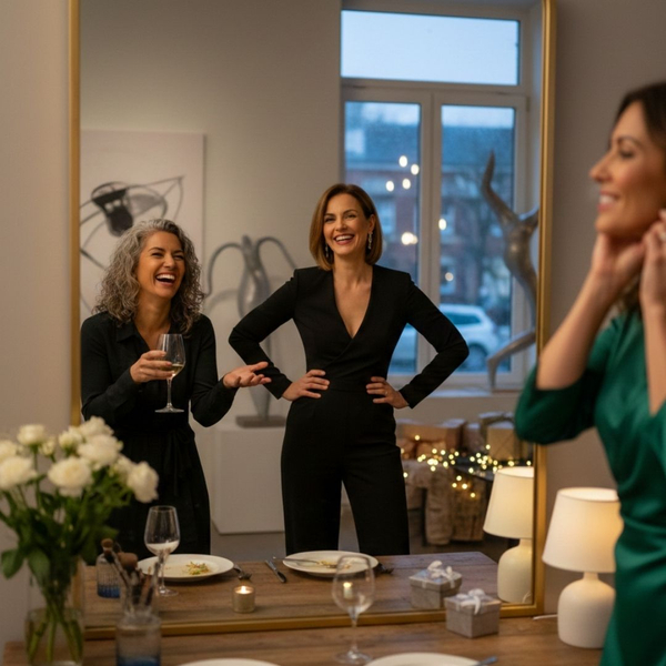 Three elegant women share a laugh and a glass of wine together in a modern, well-lit room before an event.