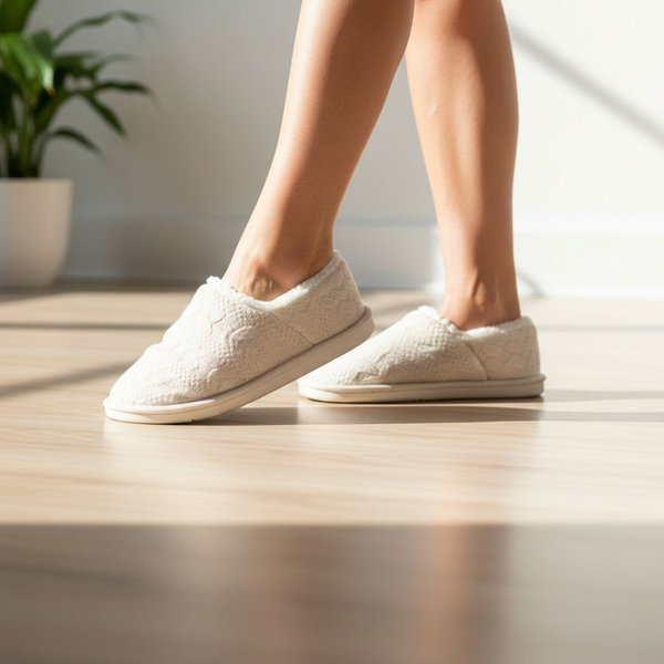 A pair of feet in slippers taking a gentle step indoors, illustrating light walking during early recovery.
