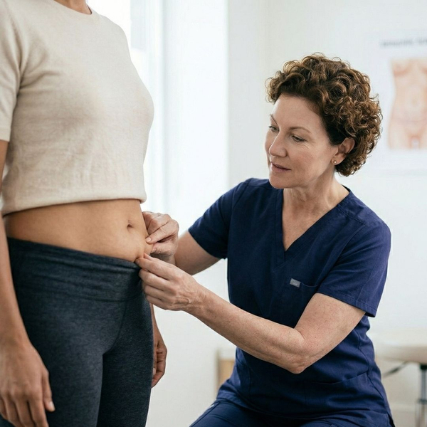 A surgeon performs a mini tummy tuck skin evaluation on a patient in a consultation room.