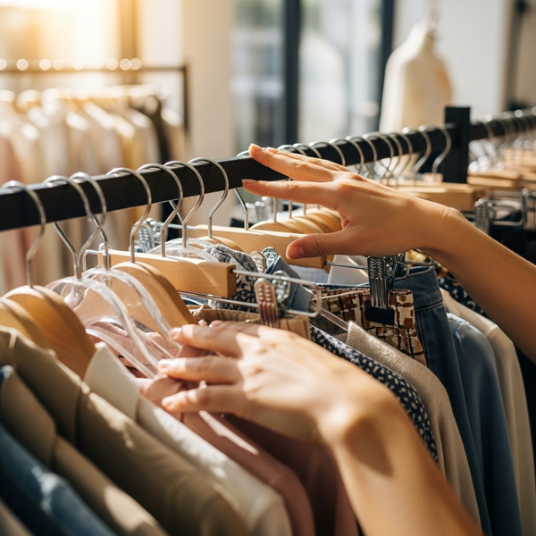 browsing a clothing rack in a bright boutique