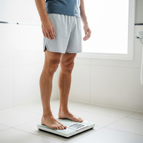 A healthy individual standing on a scale