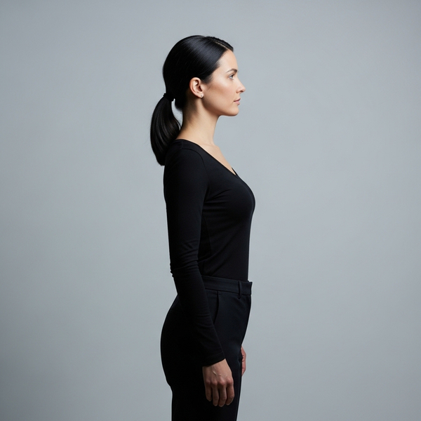 Side profile of a woman with balanced body proportions and great posture