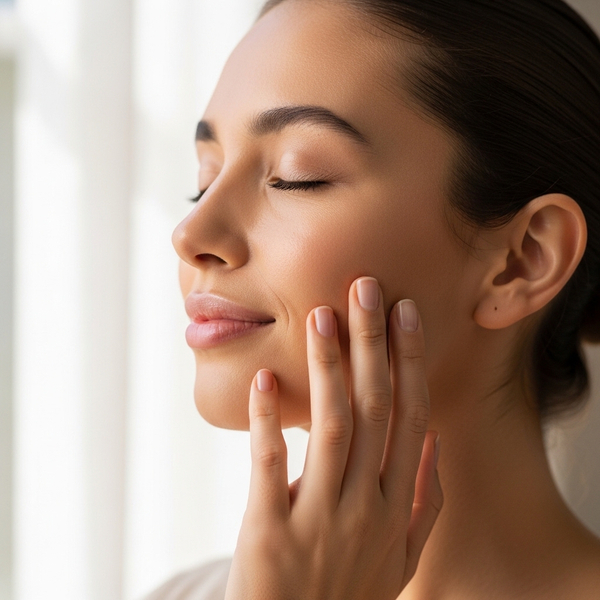 Close-up of woman touching the smooth, firm skin on her face