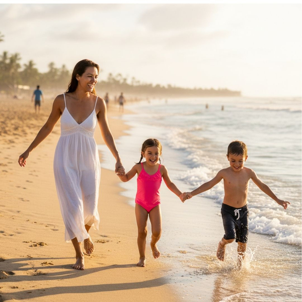 A happy mother enjoying a playful moment with her children on a sandy shoreline.
