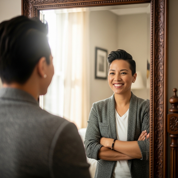 A confident person smiling at their reflection in a mirror