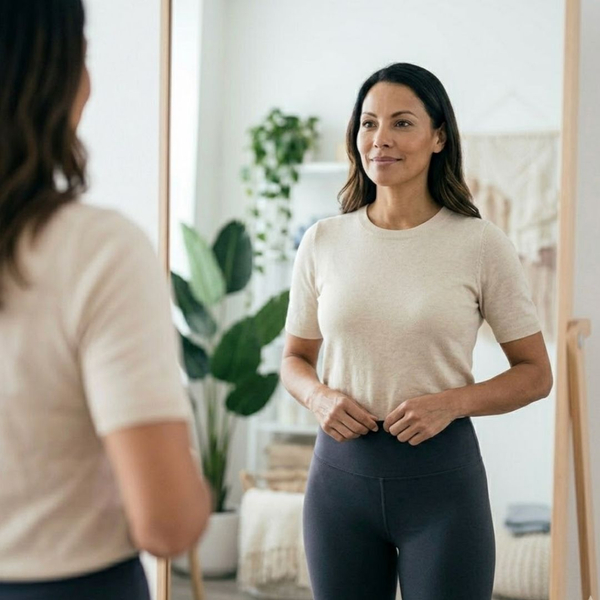 A woman stands confidently smiling, admiring her reflection in a large mirror.