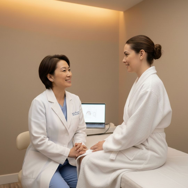 A female doctor in a white lab coat sits across from a patient in a white medical robe for a professional consultation in a clinical office.