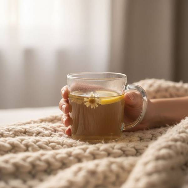 A hand holding a comforting cup of tea, symbolizing rest and self-care during the first week of recovery.