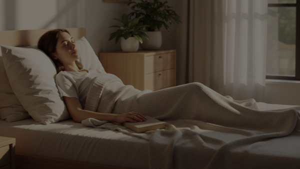 A woman resting comfortably in a sunlit bedroom, representing peaceful post-operative recovery.