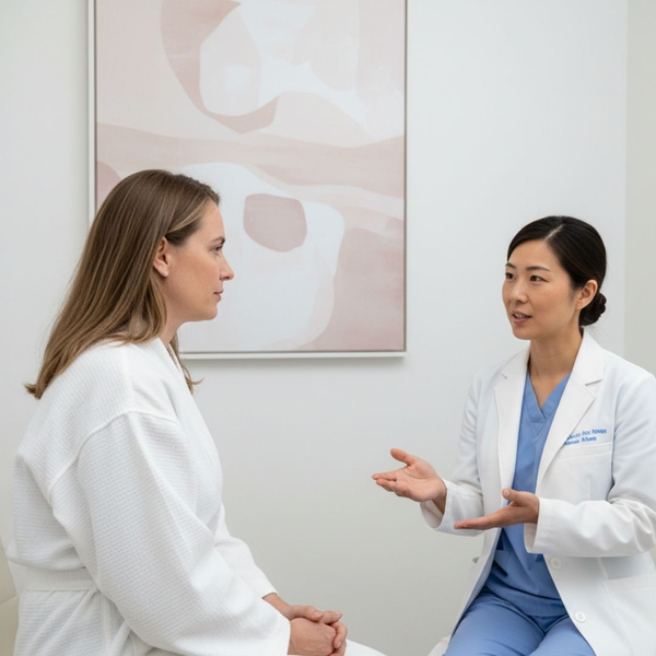 A female patient in a medical robe engages in a professional consultation with her surgeon.