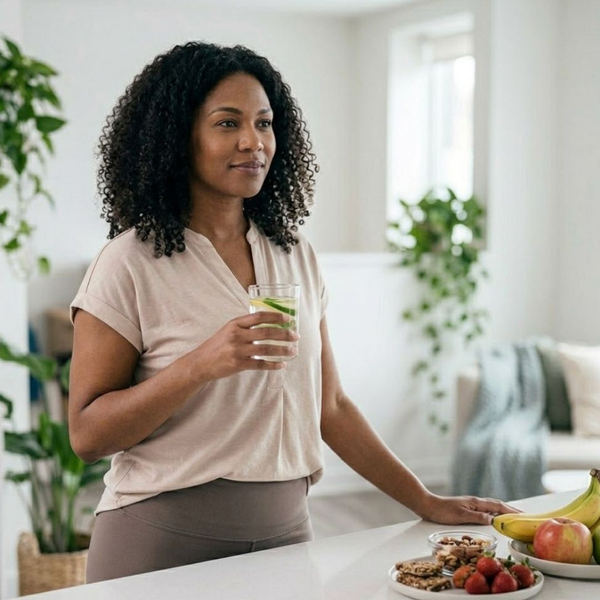A woman holding a glass of water in a bright kitchen, reflecting a healthy lifestyle.