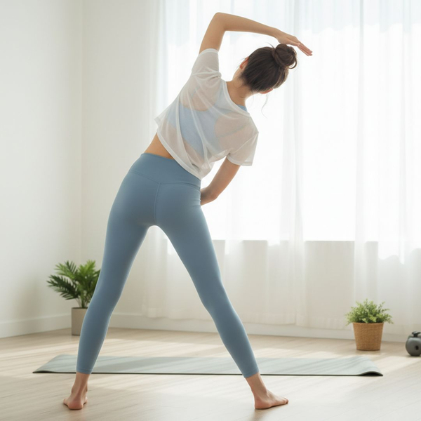 A woman performing a gentle stretch, representing the safe resumption of moderate exercise after six weeks of healing.