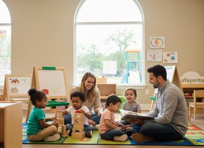 Diverse preschool class with teachers engaging in activities