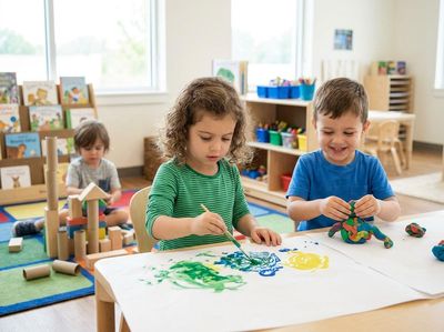 Two children painting and playing with clay, while another builds blocks in a bright classroom filled with art supplies and books. Children Engaging in Creative Play and Learning Activities