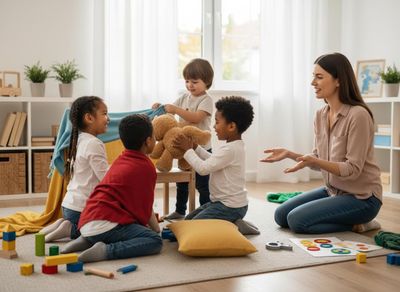 Diverse children playing with a teacher in a bright classroom