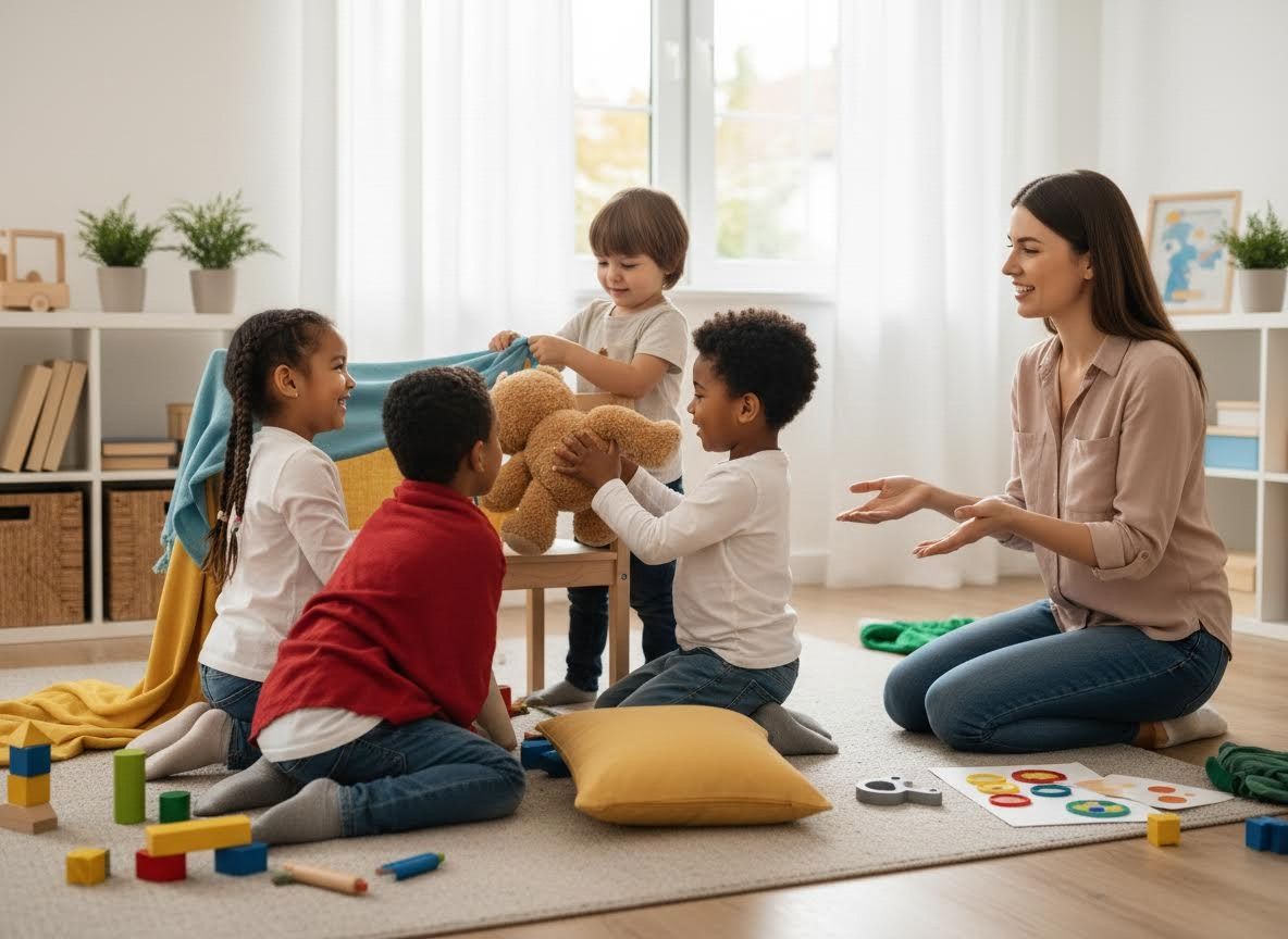 Diverse children playing with a teacher in a bright classroom