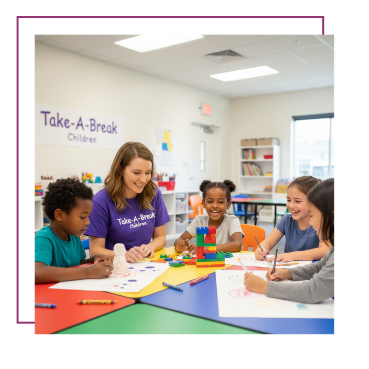 A female staff member sits at a colorful activity table with four happy children engaged in various after-school activities, including drawing and building with blocks A female staff member sits at a colorful activity table with four happy children engaged in various after-school activities, including drawing and building with blocks