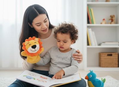 Mother and child reading a storybook with a lion puppet