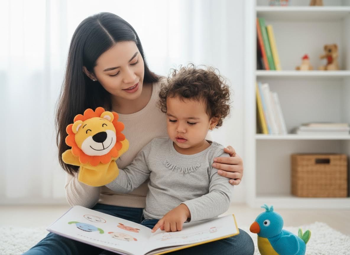 Mother and child reading a storybook with a lion puppet