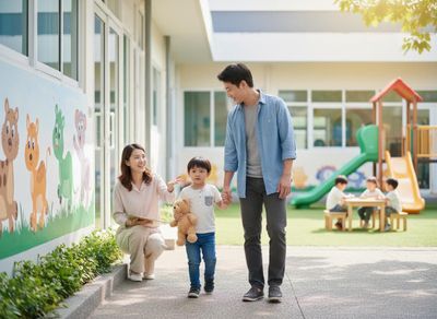 Family and son walking at a school or daycare
