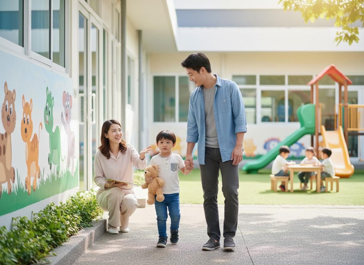 Family and son walking at a school or daycare