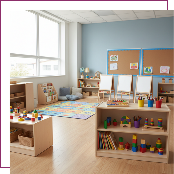 A wide view of a clean, organized, and colorful Lafayette preschool classroom, showcasing various learning centers like a reading nook and an art station.