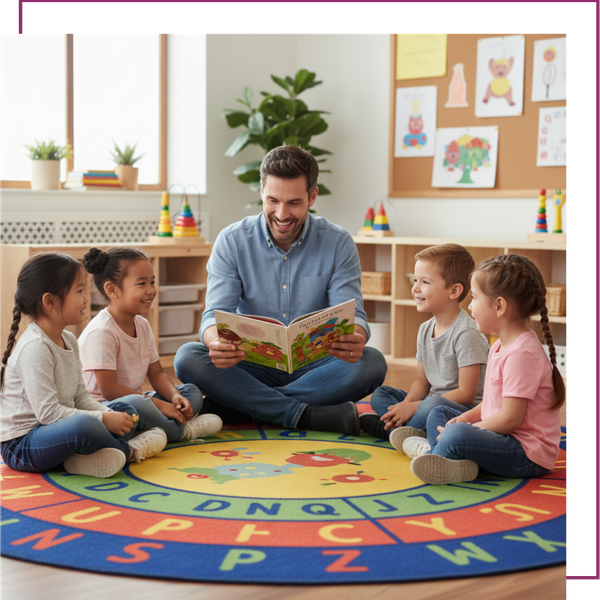 A diverse group of preschoolers sits attentively in a circle on a colorful rug as their teacher reads an engaging story from a picture book.