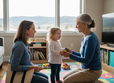 A grandmother and mother engage with a happy toddler, who is receiving a toy, on a colorful playmat in a sunlit living room. Multigenerational Family Playing at Home