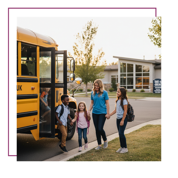 A friendly female caregiver in a blue polo shirt holding hands with two school-aged children getting off a school bus A friendly female caregiver in a blue polo shirt holding hands with two school-aged children getting off a school bus